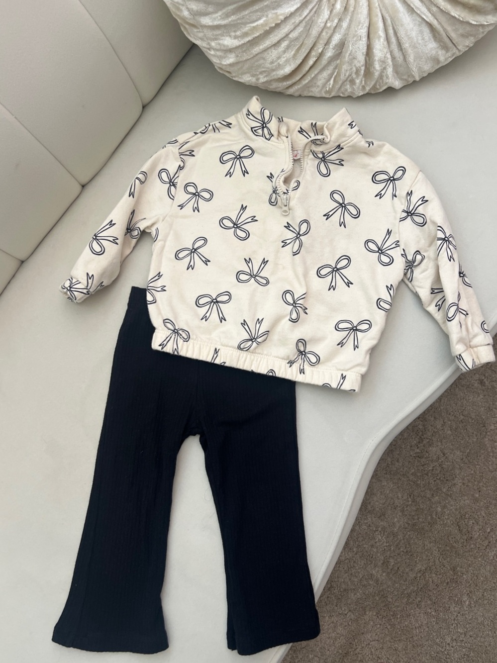 Cream Bow Print Pullover with Black Ribbed Pants Set